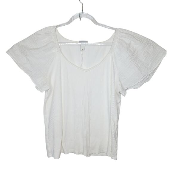 Ava & Viv White Puff Sleeve Ribbed Top Womens 1X Vacation Minimalist Coastal - Picture 1 of 9